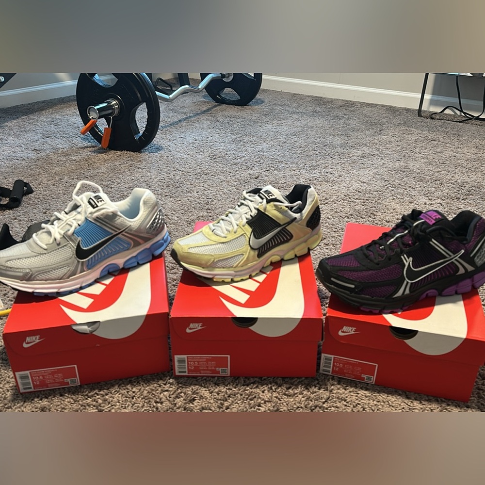 Nike Trio: White/Blue, Yellow/Black, Black/Purple Running Shoes